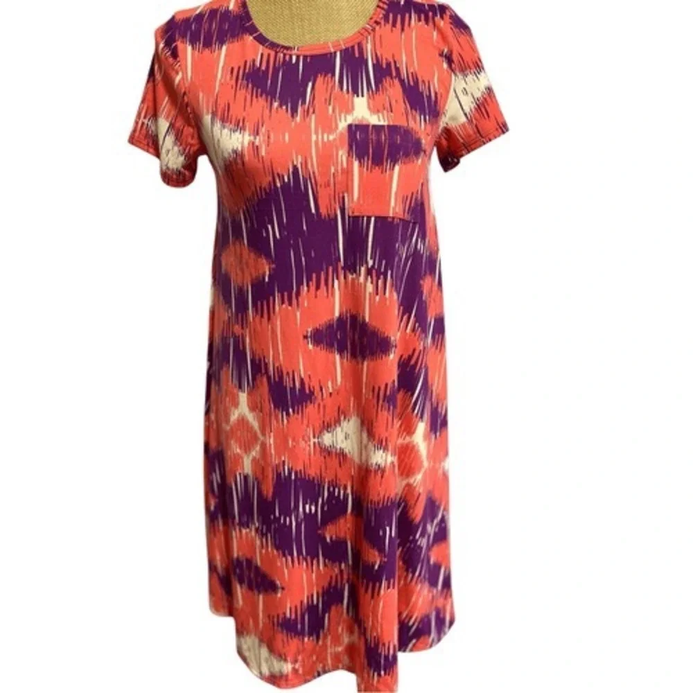 LuLaRoe Carly Swing Dress XXS Ikat Abstract Coral Purple High Low Pocket Stretch
